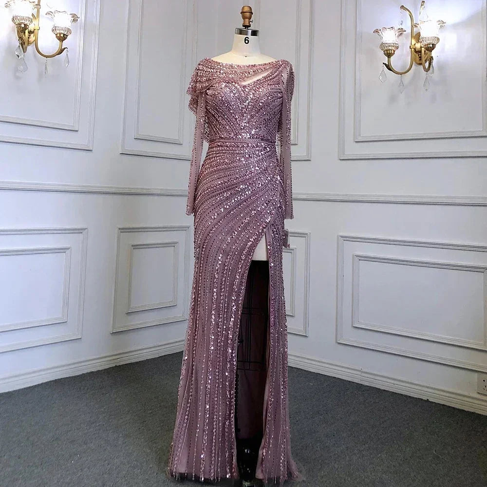 Serene Hill Silver Nude Mermaid Elegant High Spli Evening Dresses Gowns Luxury Beaded 2025 For Women Party LA70752L