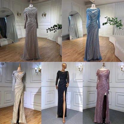 Serene Hill Silver Nude Mermaid Elegant High Spli Evening Dresses Gowns Luxury Beaded 2025 For Women Party LA70752L