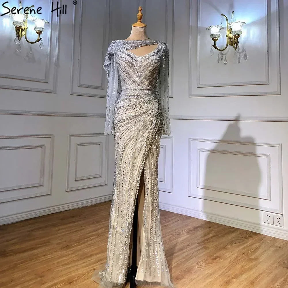 Serene Hill Silver Nude Mermaid Elegant High Spli Evening Dresses Gowns Luxury Beaded 2025 For Women Party LA70752L