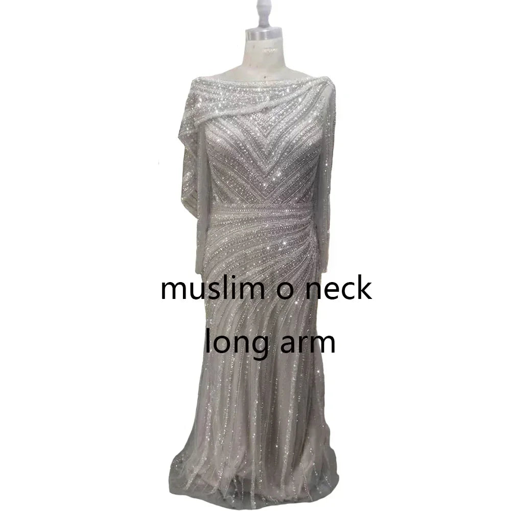 Serene Hill Silver Nude Mermaid Elegant High Spli Evening Dresses Gowns Luxury Beaded 2025 For Women Party LA70752L