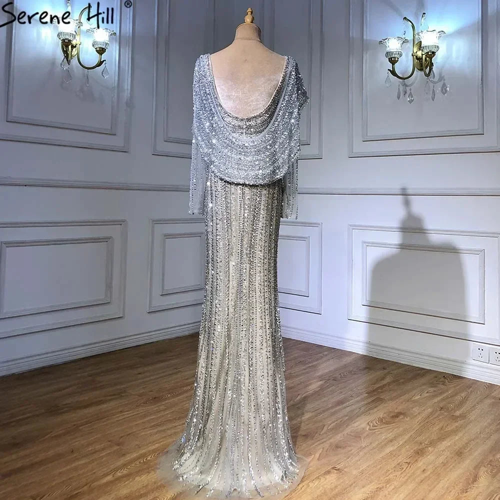 Serene Hill Silver Nude Mermaid Elegant High Spli Evening Dresses Gowns Luxury Beaded 2025 For Women Party LA70752L