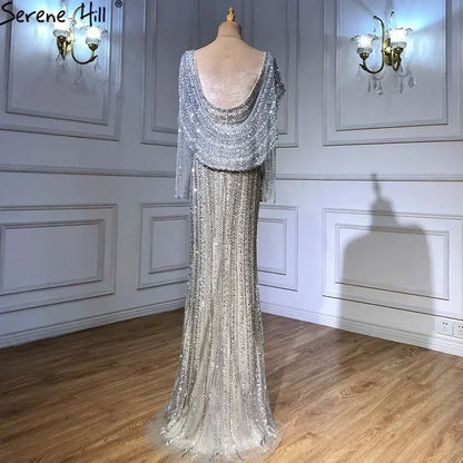 Serene Hill Silver Nude Mermaid Elegant High Spli Evening Dresses Gowns Luxury Beaded 2025 For Women Party LA70752L