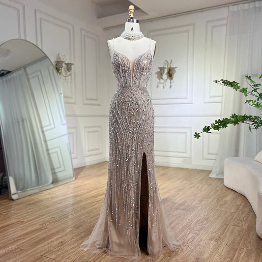 Classy Silver Nude Mermaid Spaghetti Straps Beaded Prom Dress LA72047B