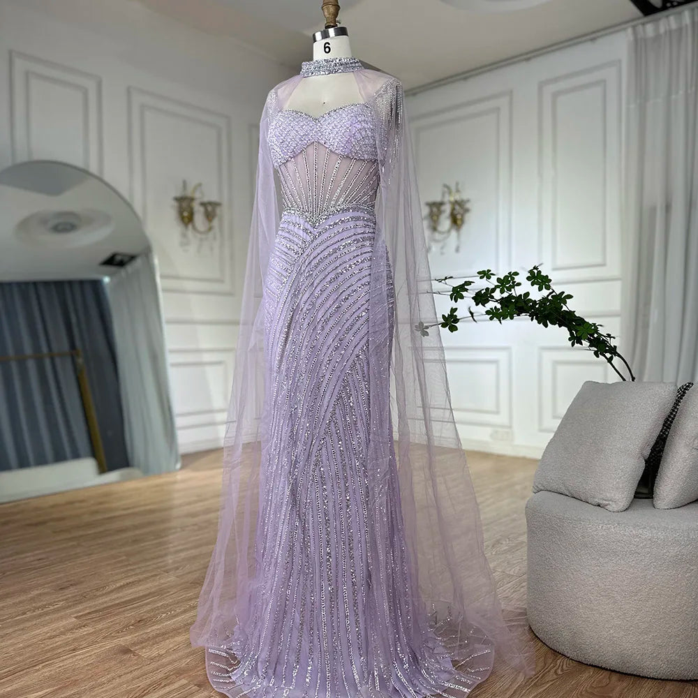 Luxury Nude Beaded Mermaid Evening Dress With Cape Sleeves LA72860