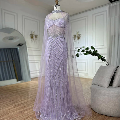Luxury Nude Beaded Mermaid Evening Dress With Cape Sleeves LA72860