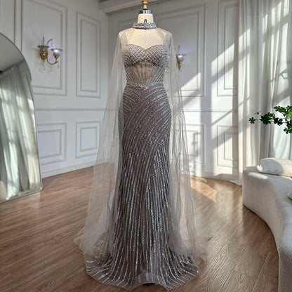 Luxury Nude Beaded Mermaid Evening Dress With Cape Sleeves LA72860