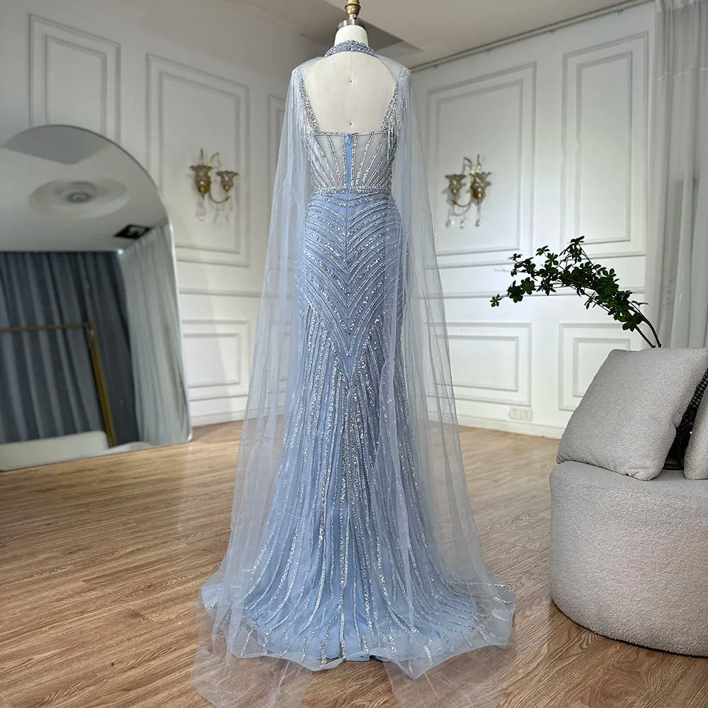 Luxury Nude Beaded Mermaid Evening Dress With Cape Sleeves LA72860