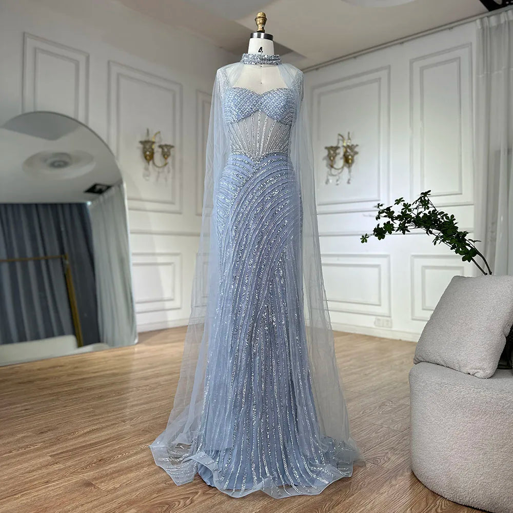 Luxury Nude Beaded Mermaid Evening Dress With Cape Sleeves LA72860