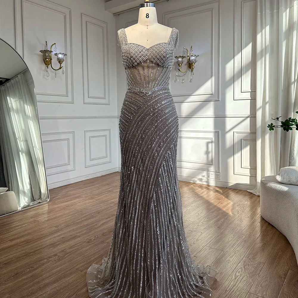 Luxury Nude Beaded Mermaid Evening Dress With Cape Sleeves LA72860