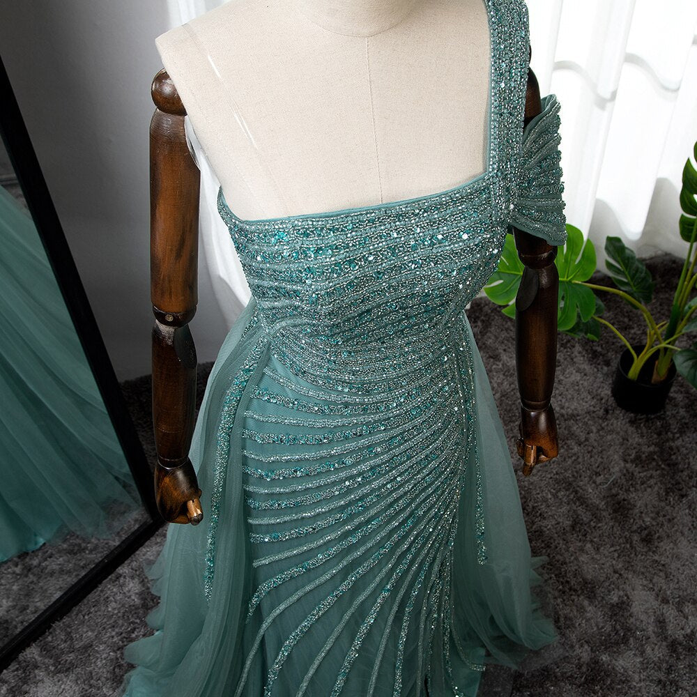 Luxury Sage Green Evening Dress One Shoulder Wedding Party Gowns LA71651