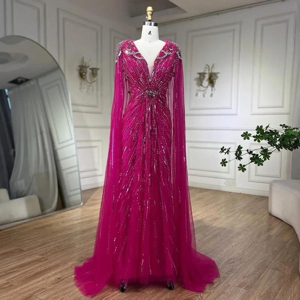 Turquoise Mermaid Beaded Evening Dress Gown with Cape LA72168A