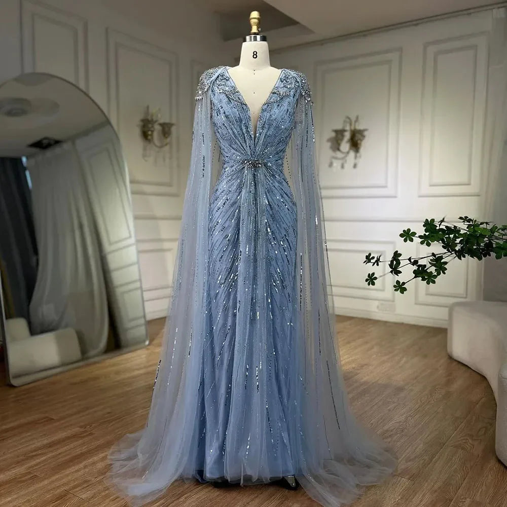 Turquoise Mermaid Beaded Evening Dress Gown with Cape LA72168A