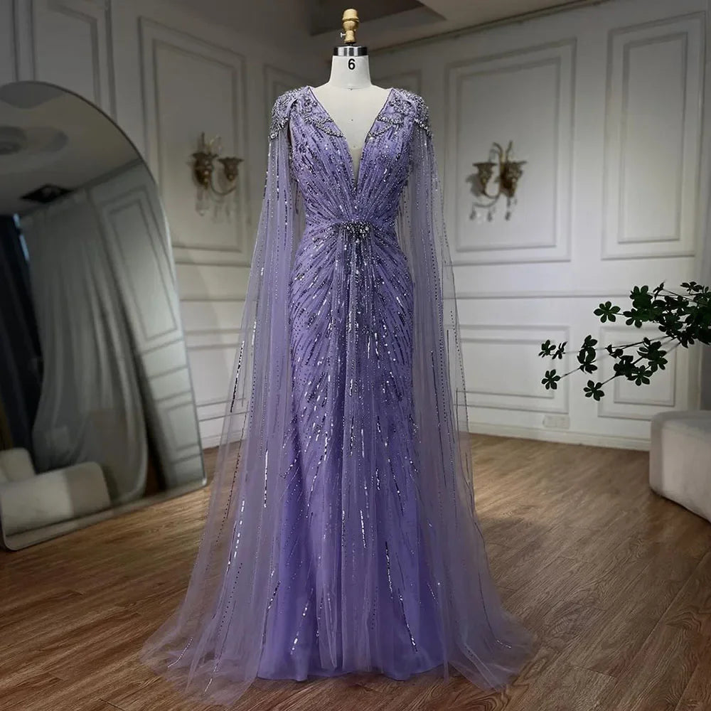 Turquoise Mermaid Beaded Evening Dress Gown with Cape LA72168A