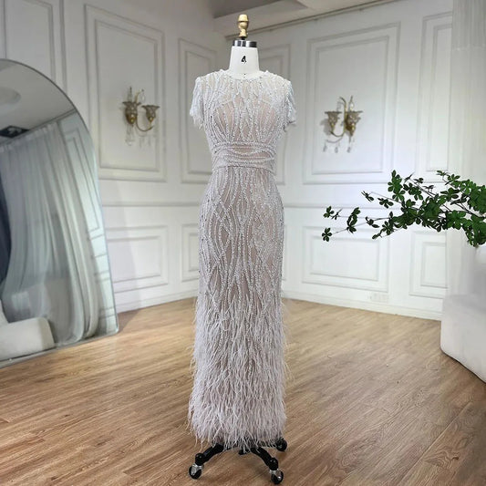 White Nude Ankle Length Beaded Evening Dress with Feathers LA72076A