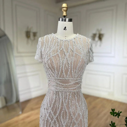 White Nude Ankle Length Beaded Evening Dress with Feathers LA72076A