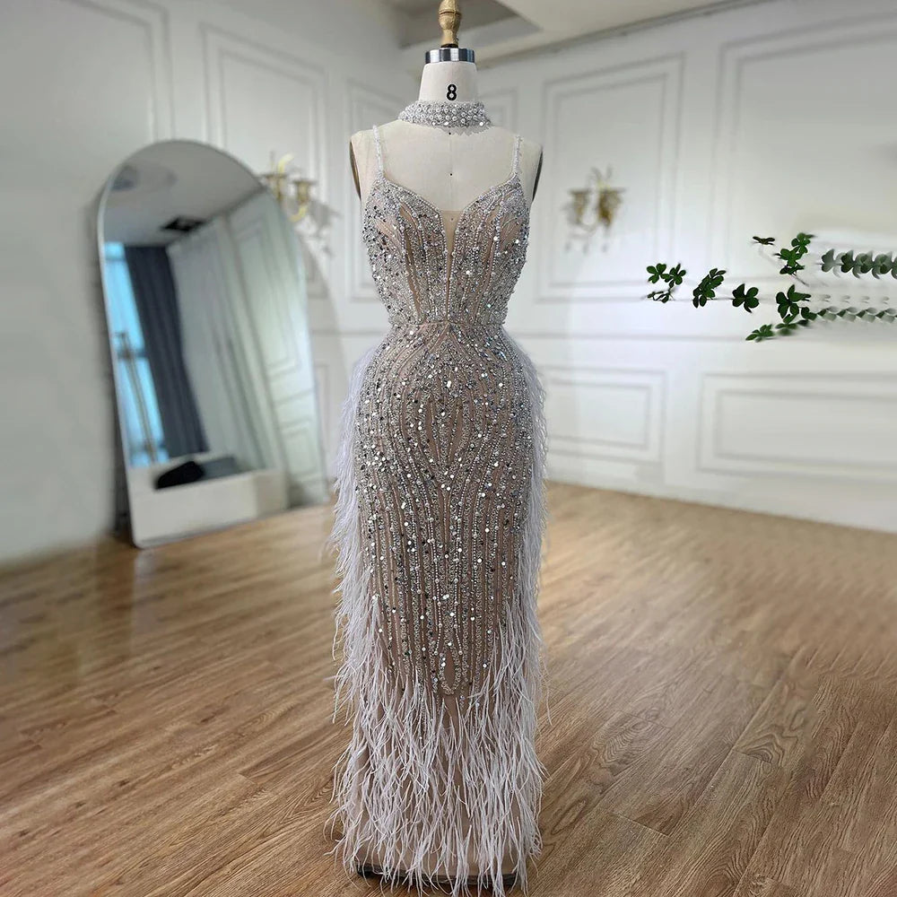 Luxury White Nude Mermaid Spaghetti Strap Beaded Feather Evening Dress LA72047