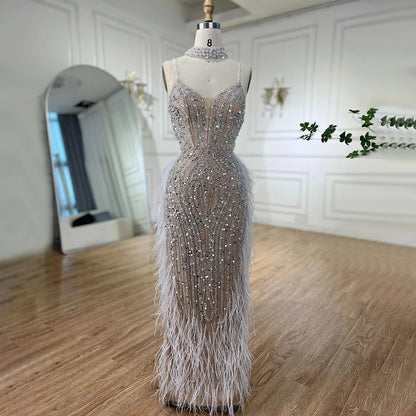 Luxury White Nude Mermaid Spaghetti Strap Beaded Feather Evening Dress LA72047