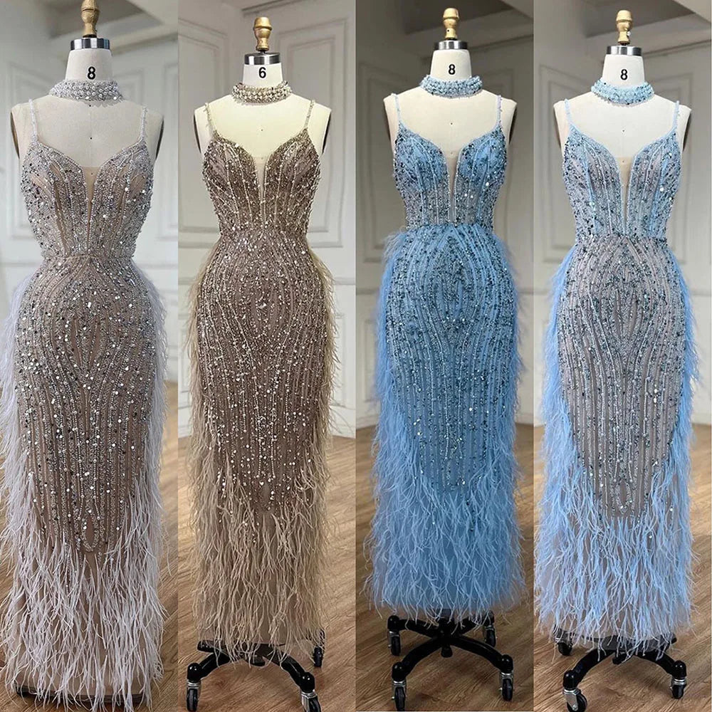Luxury White Nude Mermaid Spaghetti Strap Beaded Feather Evening Dress LA72047