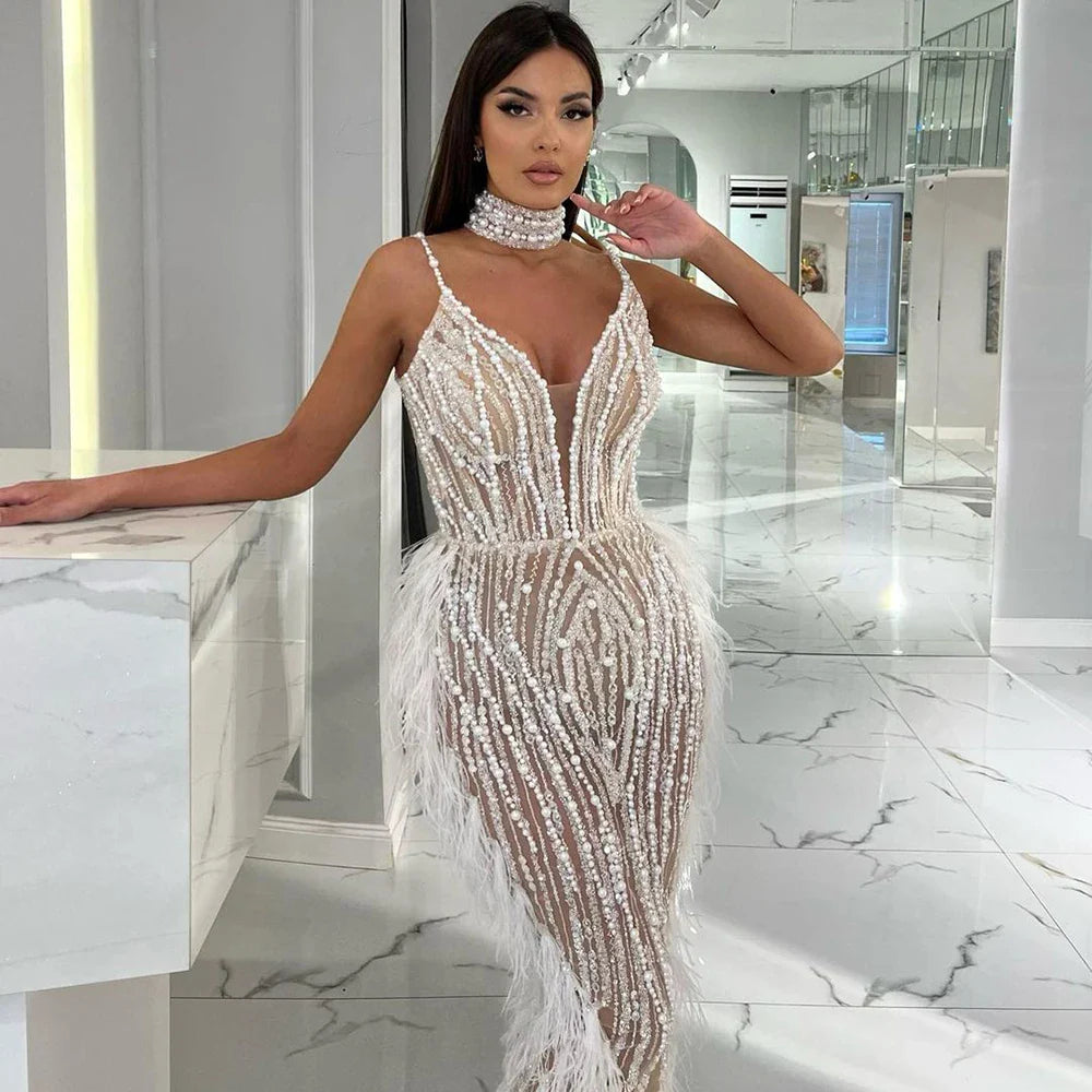 Luxury White Nude Mermaid Spaghetti Strap Beaded Feather Evening Dress LA72047