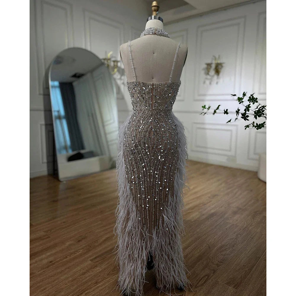 Luxury White Nude Mermaid Spaghetti Strap Beaded Feather Evening Dress LA72047