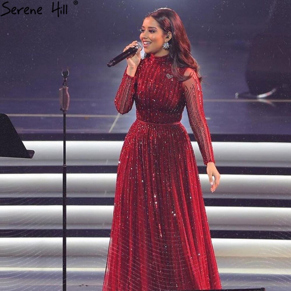 Luxury Wine Red Muslim  A-Line Sparkle Beaded Evening Dresses LA70991