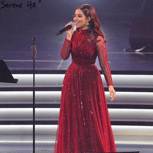 Luxury Wine Red Muslim  A-Line Sparkle Beaded Evening Dresses LA70991