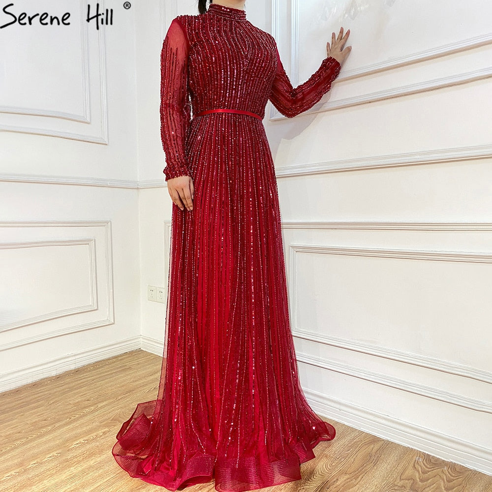 Luxury Wine Red Muslim  A-Line Sparkle Beaded Evening Dresses LA70991