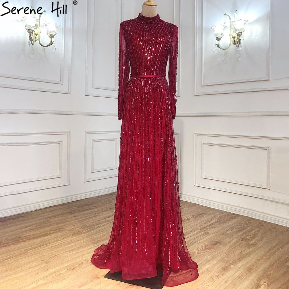 Luxury Wine Red Muslim  A-Line Sparkle Beaded Evening Dresses LA70991