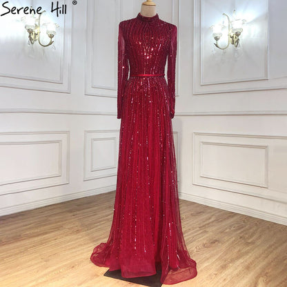 Luxury Wine Red Muslim  A-Line Sparkle Beaded Evening Dresses LA70991
