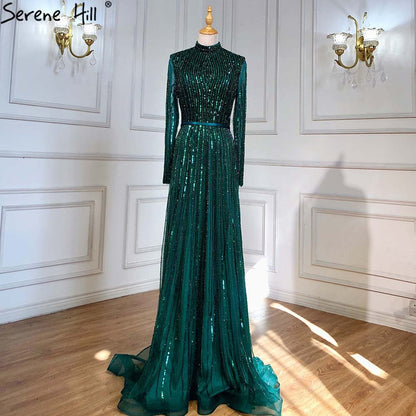 Luxury Wine Red Muslim  A-Line Sparkle Beaded Evening Dresses LA70991