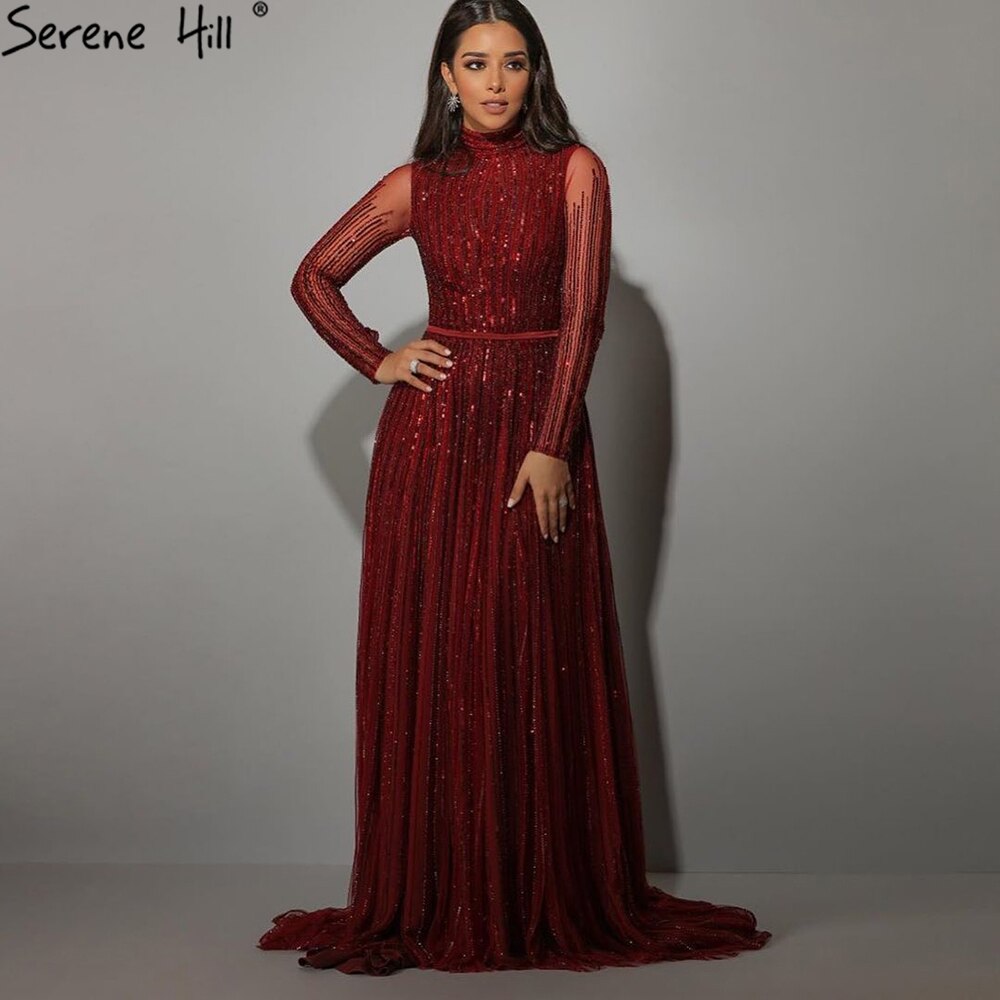Luxury Wine Red Muslim  A-Line Sparkle Beaded Evening Dresses LA70991