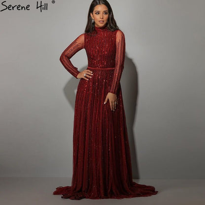 Luxury Wine Red Muslim  A-Line Sparkle Beaded Evening Dresses LA70991