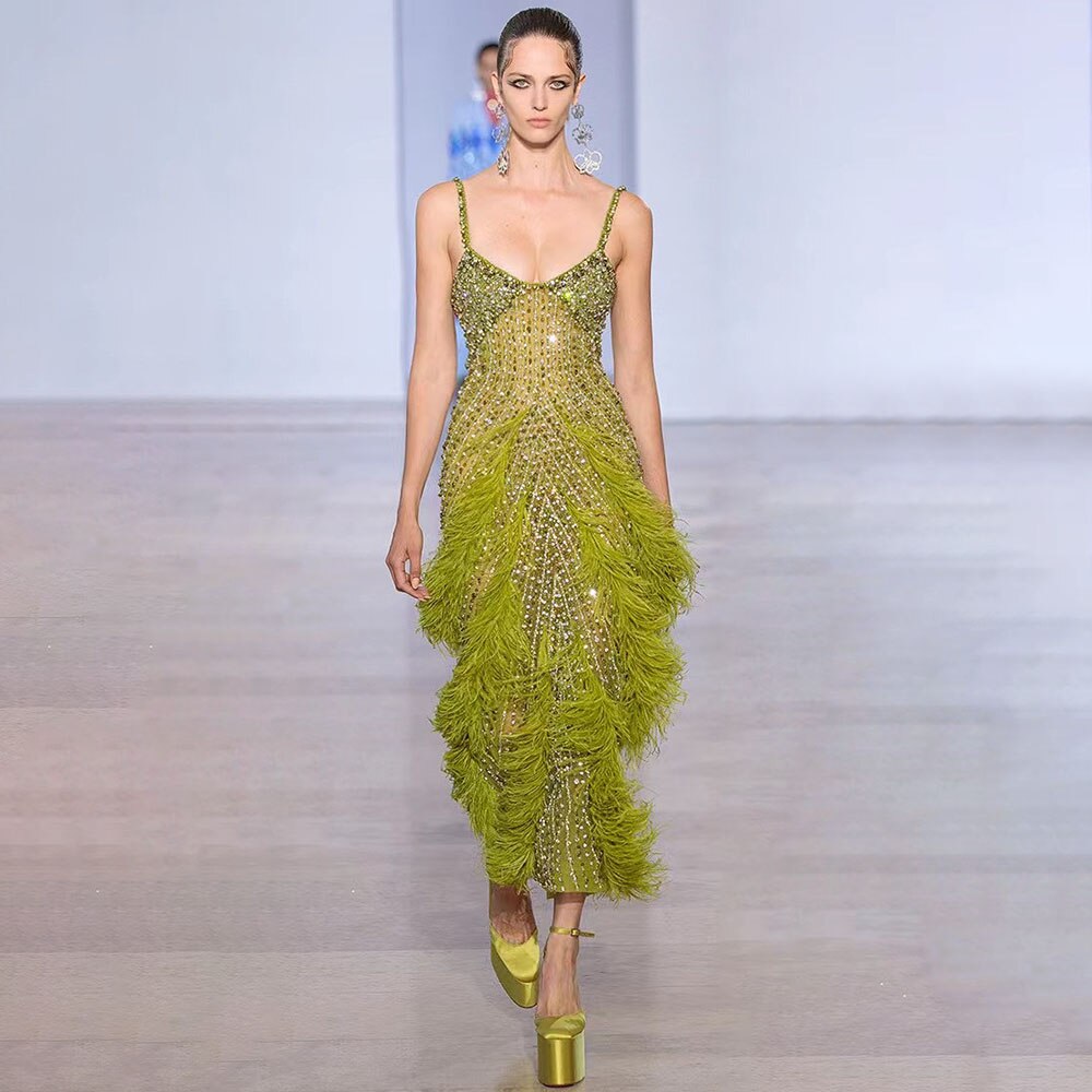 On Sale  no return no refund Serene Hill Yellow Green Feathers Mermaid Sundress Evening Gowns Beaded Ankle Length Party Drsses 2025 For Women LA72055