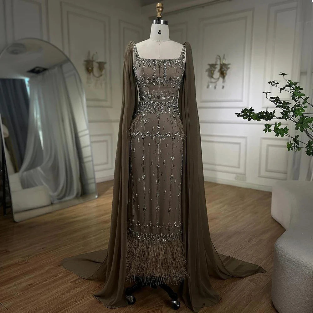Luxury Caramel Beaded Mermaid Evening Dress with Feathers LA71492B