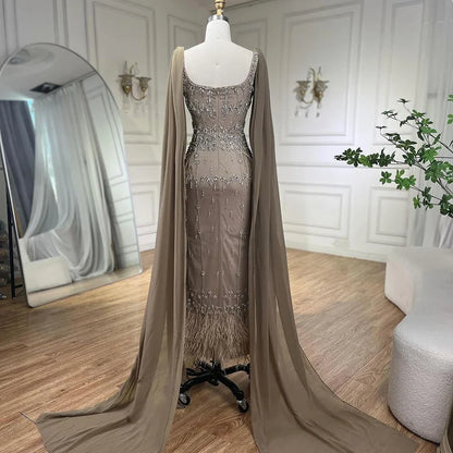 Luxury Caramel Beaded Mermaid Evening Dress with Feathers LA71492B