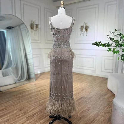 Luxury Caramel Beaded Mermaid Evening Dress with Feathers LA71492B