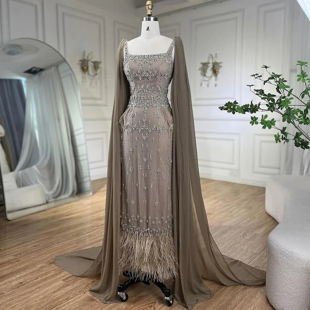 Luxury Caramel Beaded Mermaid Evening Dress with Feathers LA71492B