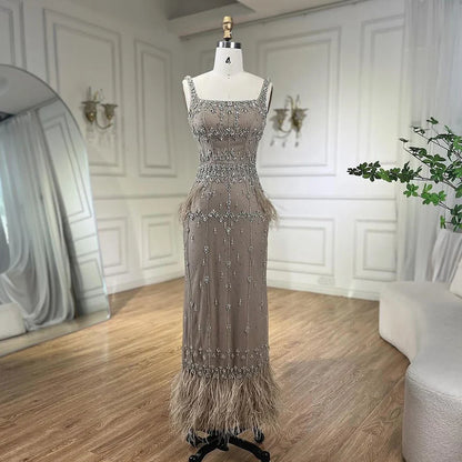 Luxury Caramel Beaded Mermaid Evening Dress with Feathers LA71492B