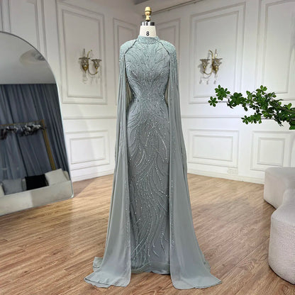 Luxury Muslim Sage Green Evening Dresses Gowns with Cape Long Sleeves LA72413A