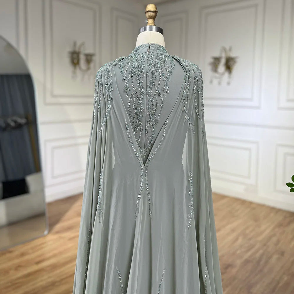 Luxury Muslim Sage Green Evening Dresses Gowns with Cape Long Sleeves LA72413A