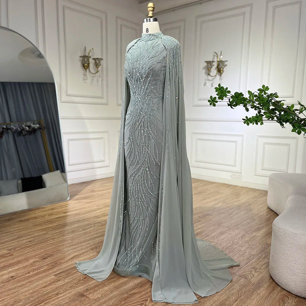 Luxury Muslim Sage Green Evening Dresses Gowns with Cape Long Sleeves LA72413A