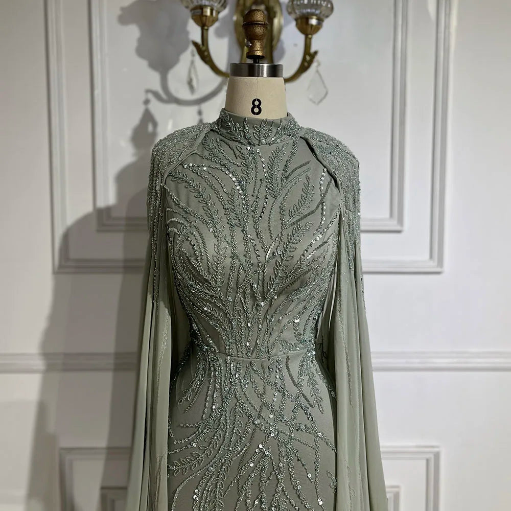 Luxury Muslim Sage Green Evening Dresses Gowns with Cape Long Sleeves LA72413A