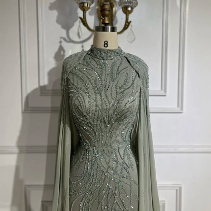 Luxury Muslim Sage Green Evening Dresses Gowns with Cape Long Sleeves LA72413A