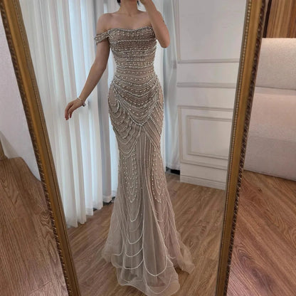 Arabic Caramel Off Shoulder Beaded Mermaid Evening Dress with Pearls LA72253C