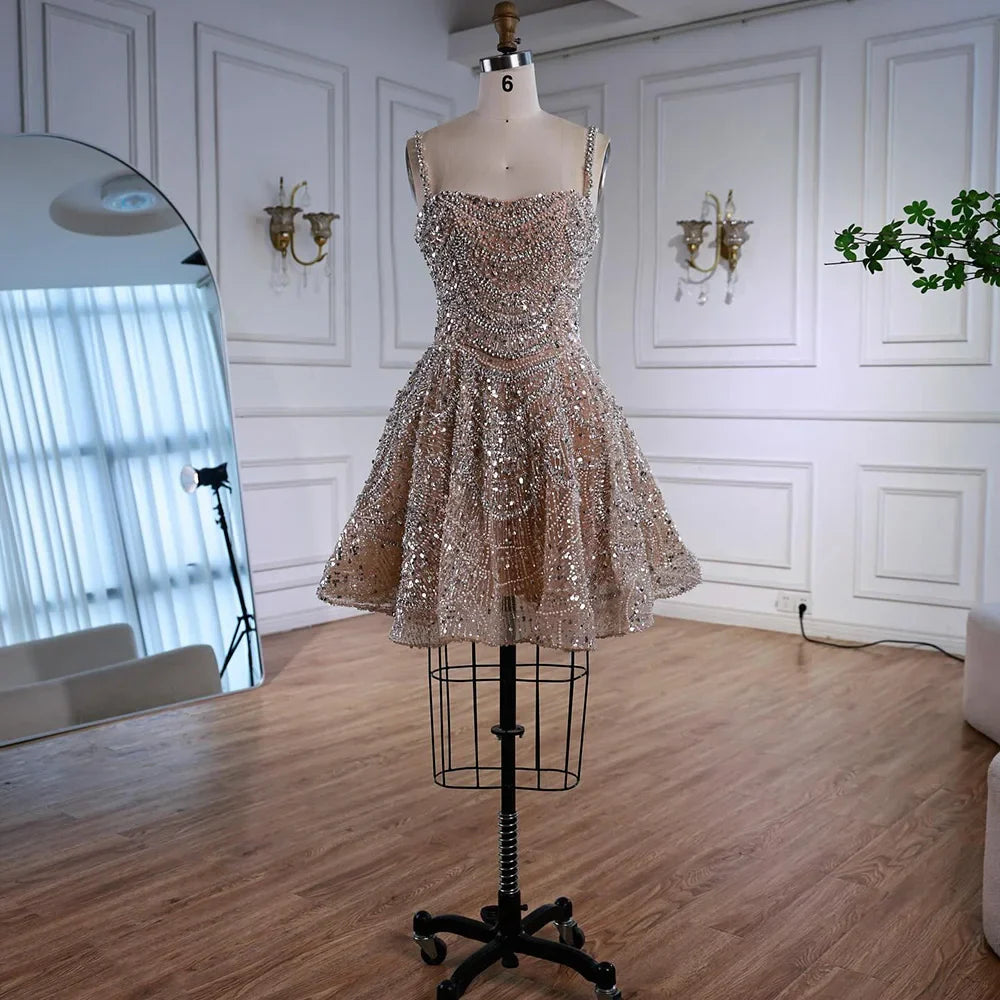 Luxury Nude Crystal A-Line Short Sparkly Cocktail Party Dress LA72983