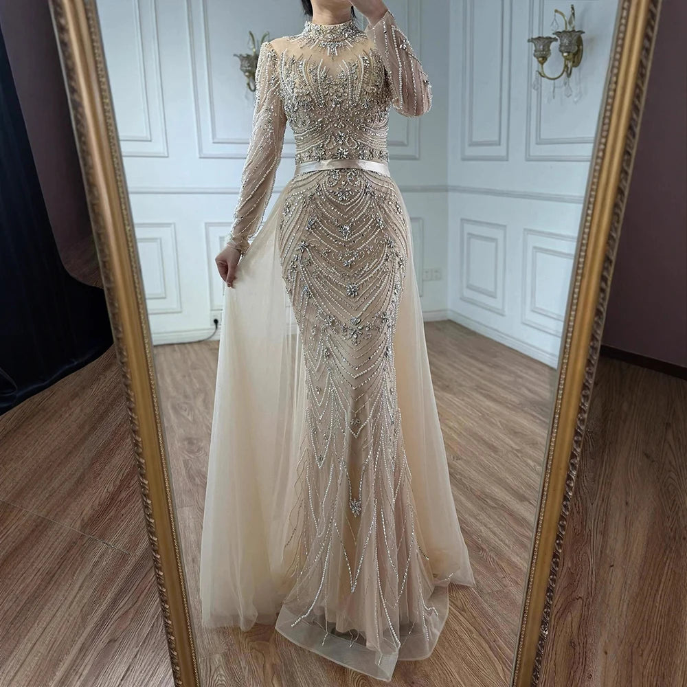 Luxury Pink Beaded Mermaid Evening Dress Long Sleeve LA73158
