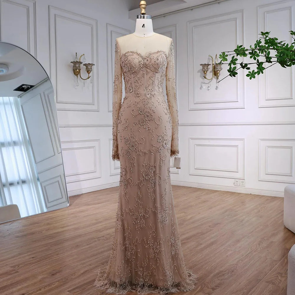 Luxury Arabic Lace Beaded Mermaid Evening Dress with Sleeves LA72545