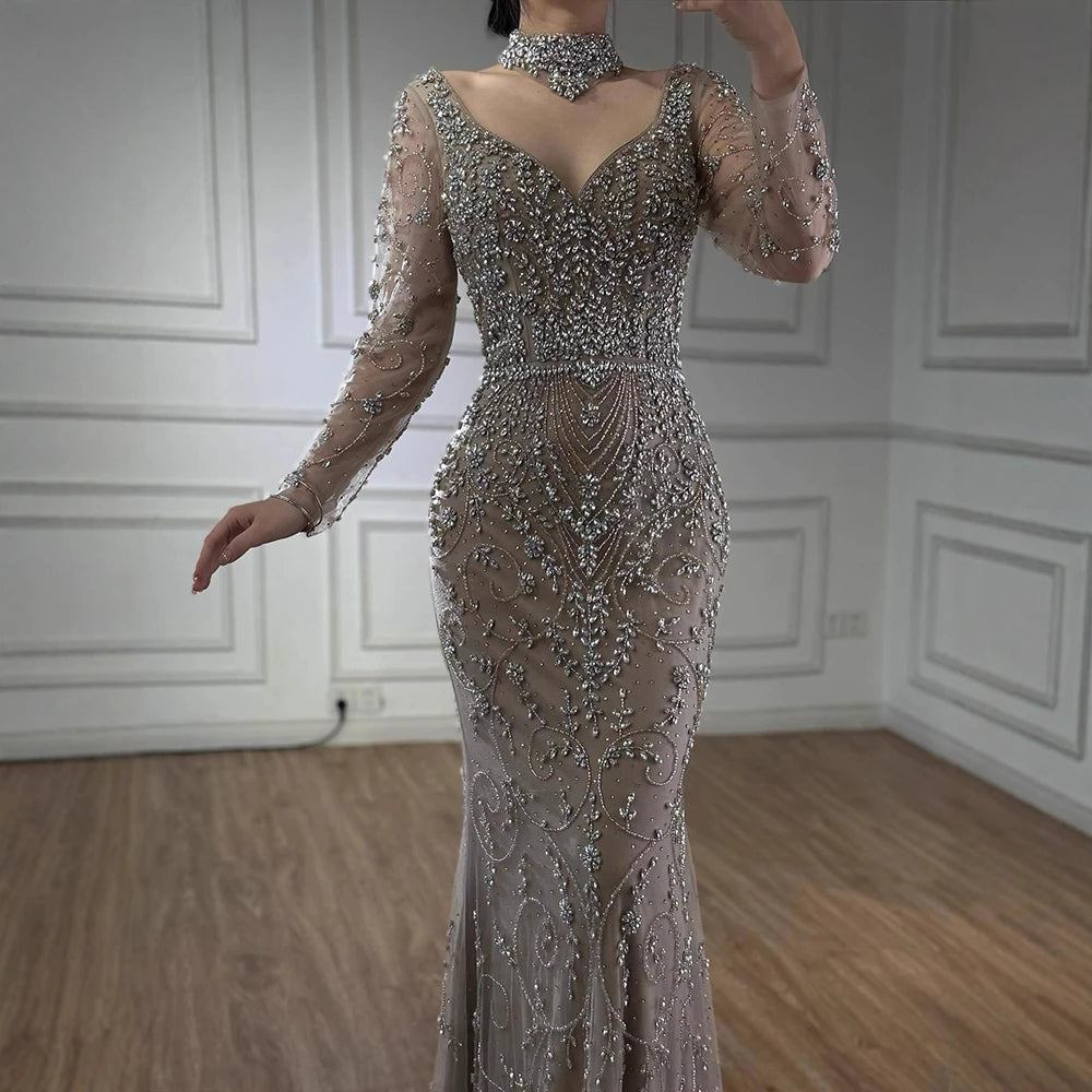 Luxury Caramel Beaded Crystal Mermaid Evening Dress Long Sleeves LA73042B