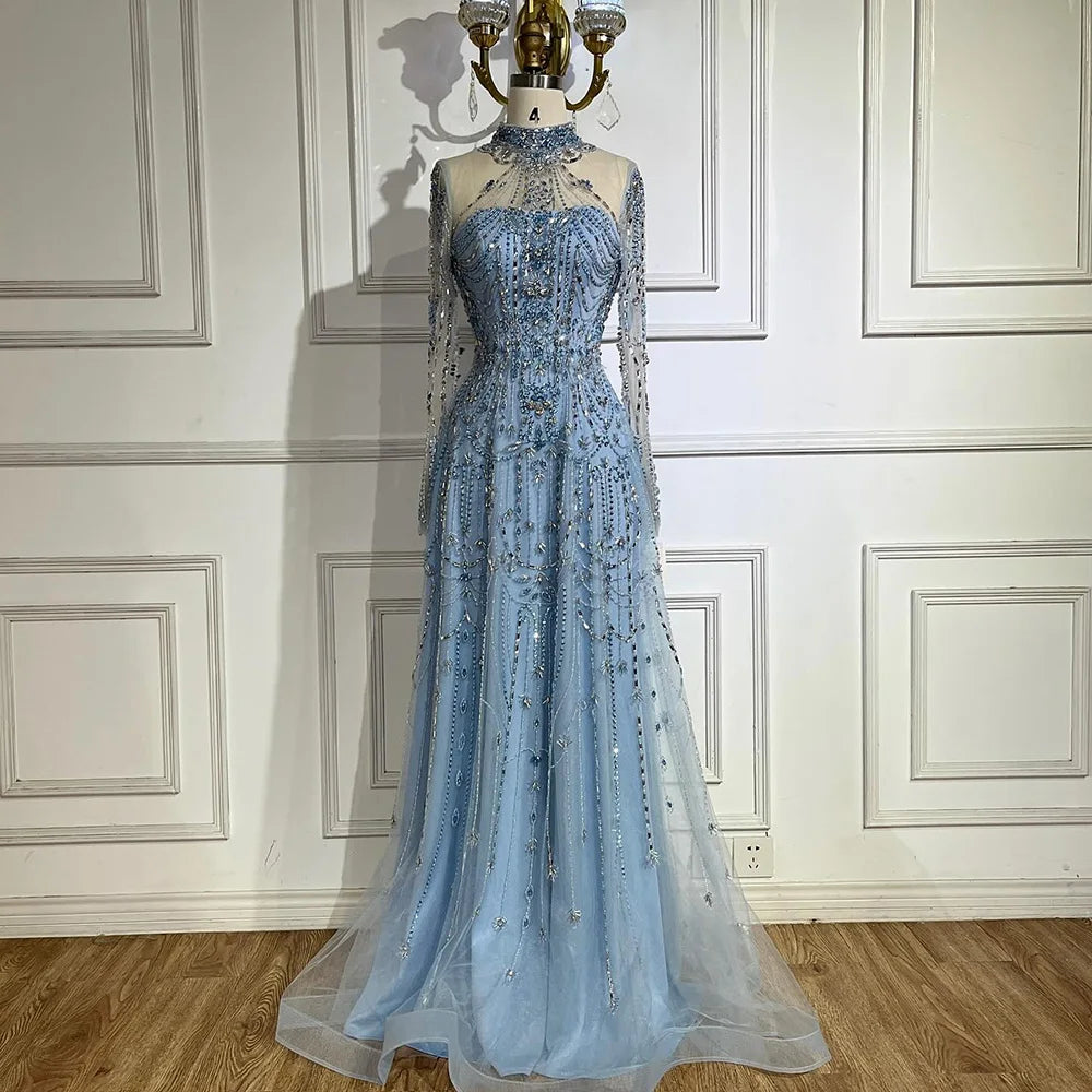 Luxury A-Line Blue Lace Beaded Turtleneck Evening Dresses LA72704