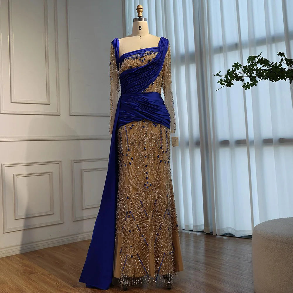 Luxury Royal Blue Velvet Beaded Mermaid Evening Dress LA72988